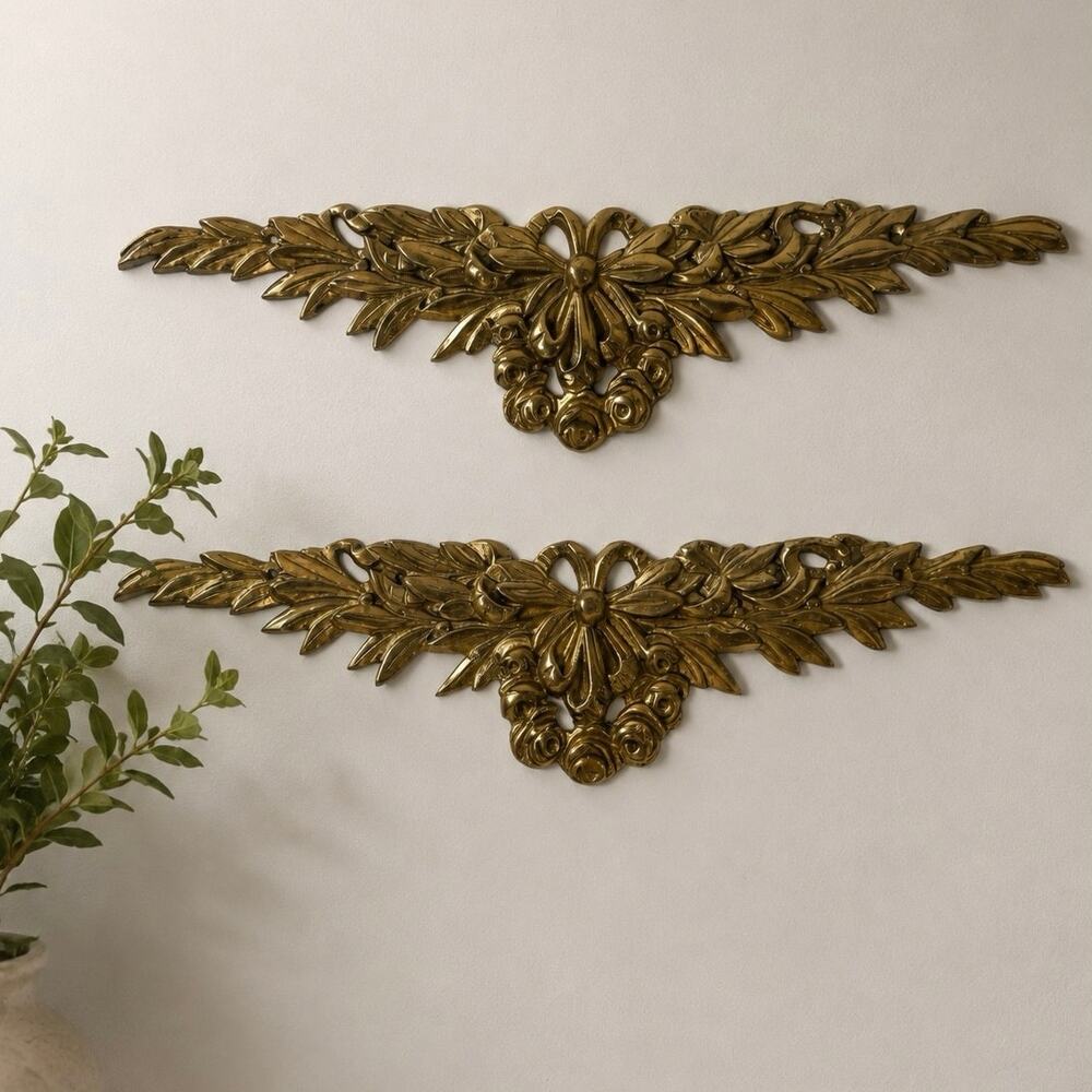 Vintage Ornate Brass Pediment French Country Maximal Rococo Baroque Bow Decor